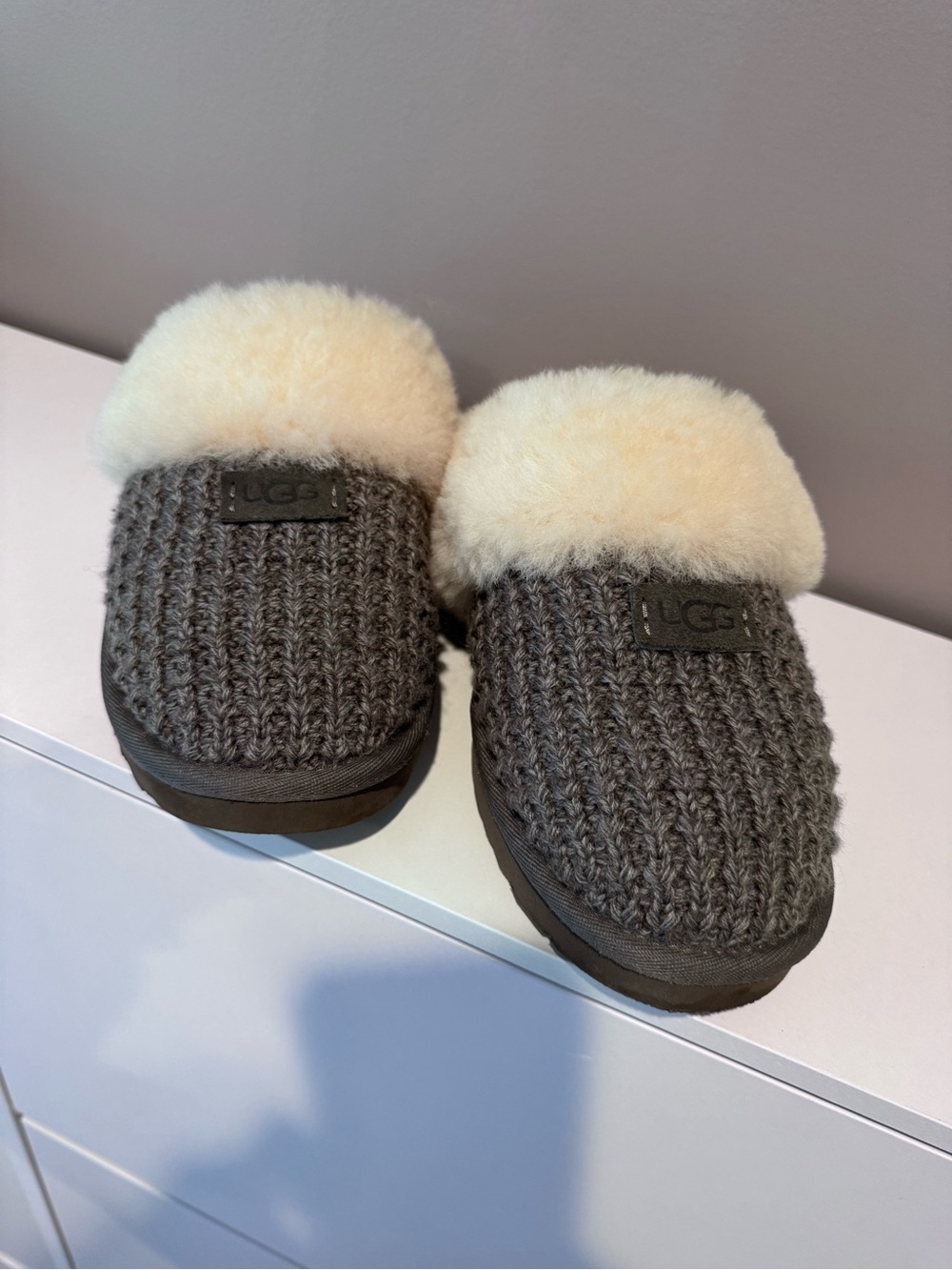 UGG Cozy Knit Slipper Knit Fur-Lined Slippers in Gray & Cream